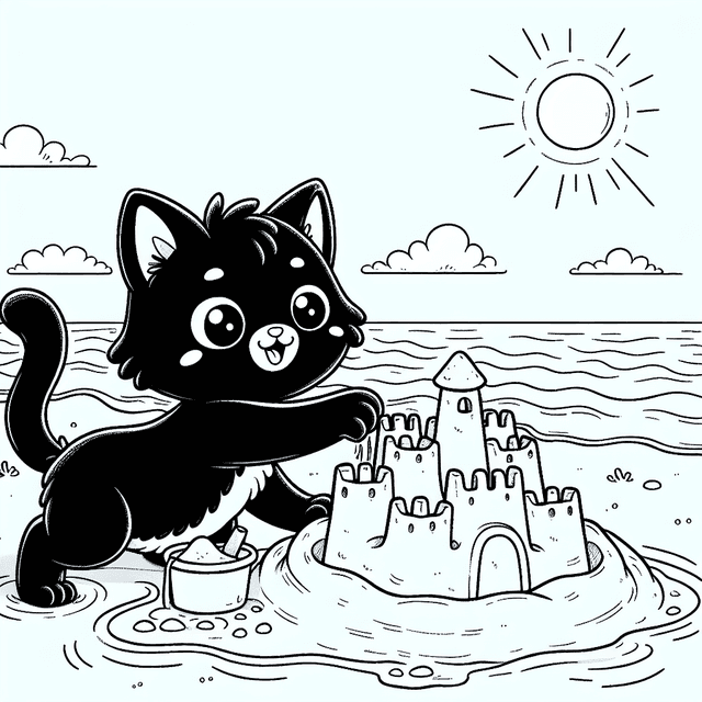 Playful line drawing of a cartoon black cat joyfully building an intricate sandcastle on a beach, with its tail flicking in excitement. The scene includes a serene blue sea with gentle waves and a bright sun in a clear sky, perfect for coloring.