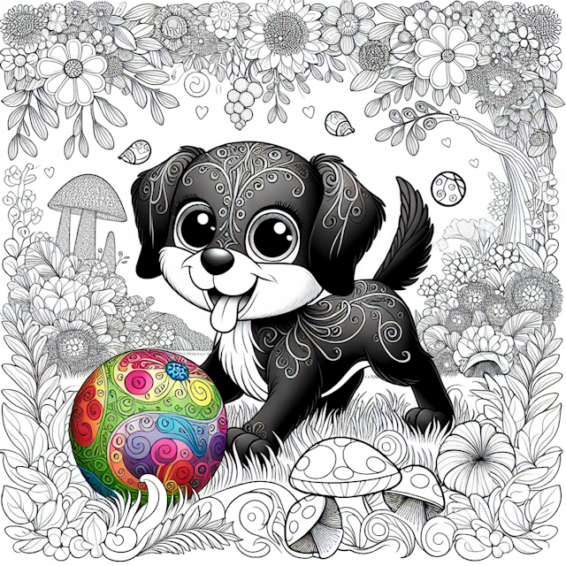 Intricate line drawing of a playful cartoon black dog with shiny eyes, wagging tail, and a colorful ball, set in a magical garden filled with lush foliage, blooming flowers, whimsical mushrooms, and winding paths, perfect for coloring and sparking creativity.