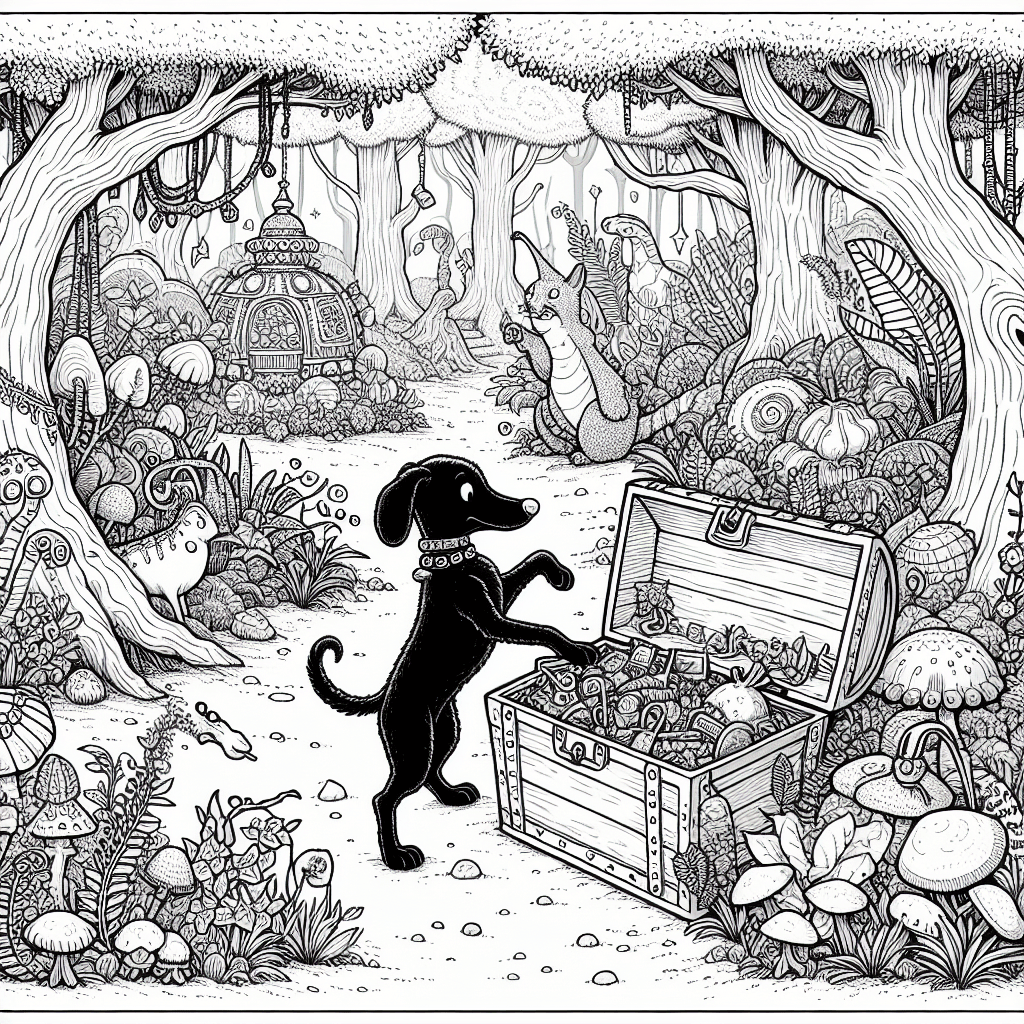 Cartoon-style black dog exploring a treasure chest in a whimsical forest with peculiar trees and unusual plants, rich in detail, perfect for coloring, evoking whimsy and adventure.