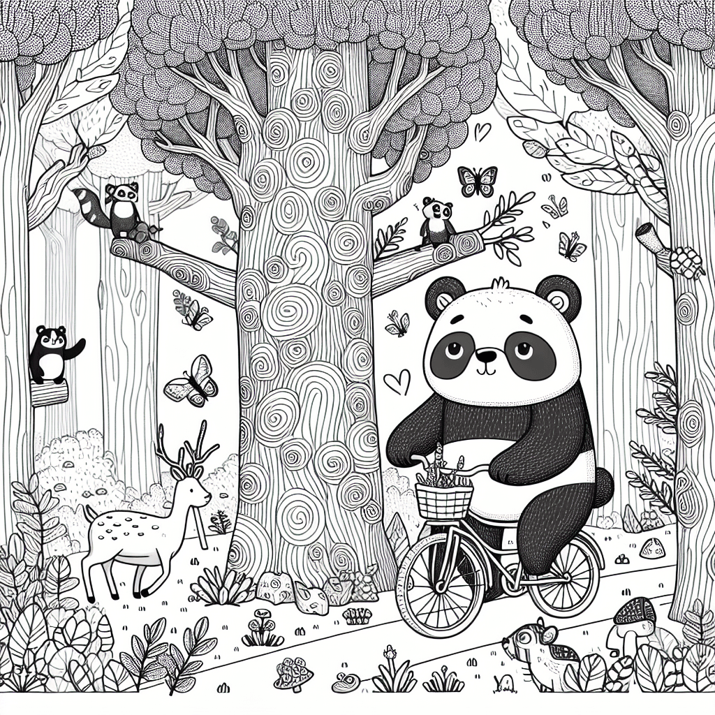 Whimsical cartoon-style black panda cycling through a lively forest with towering trees, twisting bark, playful woodland animals like deer, squirrel, and rabbits, and butterflies fluttering in the branches, in a detailed line drawing perfect for coloring enthusiasts of all ages.