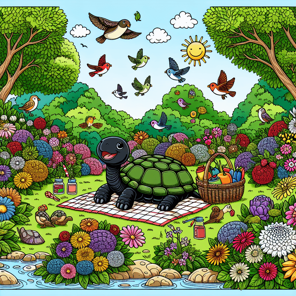 A vibrant line drawing of a sunny park, featuring a cheerful cartoon-style black turtle on a picnic blanket, surrounded by colorful blooming flowers, playful birds, and a gently flowing stream. This detailed illustration captures the essence of a joyful outdoor scene, perfect for coloring and showcasing nature's beauty.