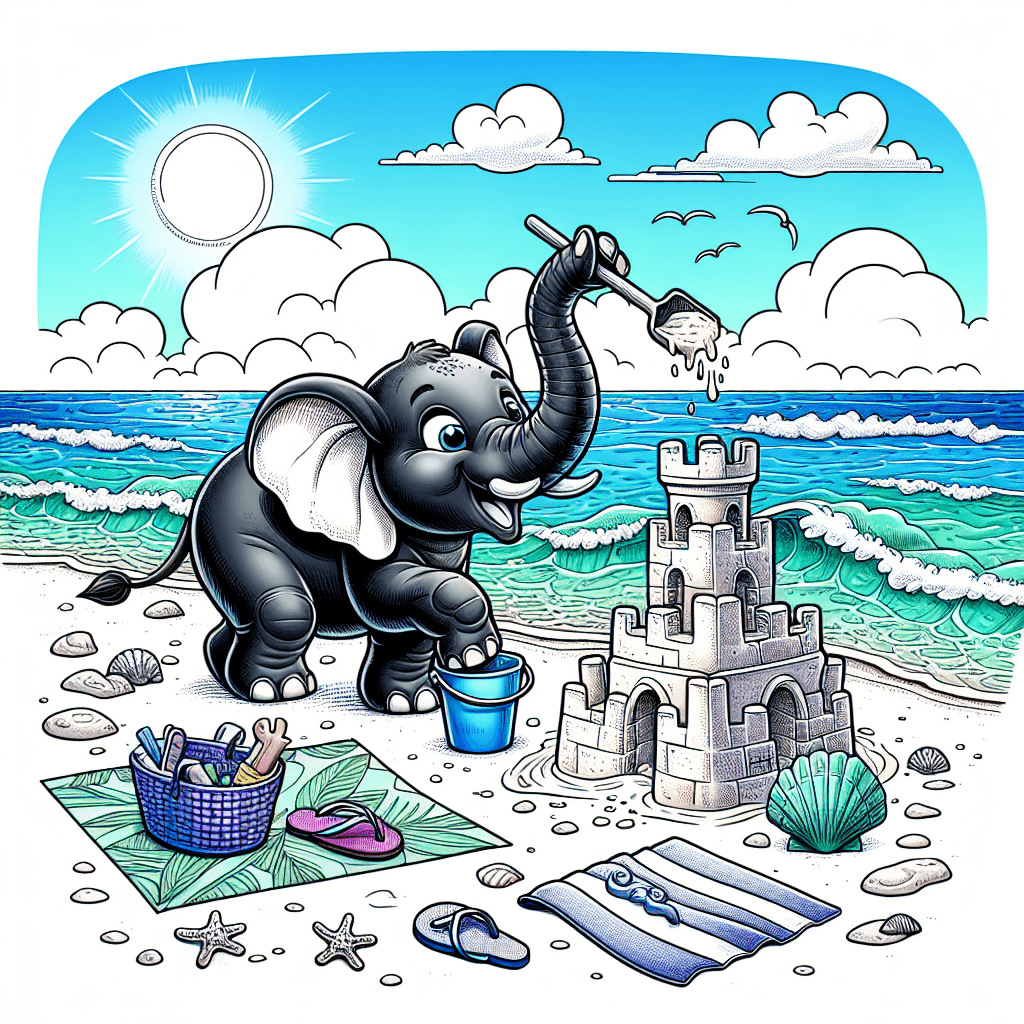 Cartoon style black elephant building a sandcastle at a sunny beach, with clear water, beach towels, footprints, and seashells. Enthusiastic expression, detailed line drawing perfect for coloring.