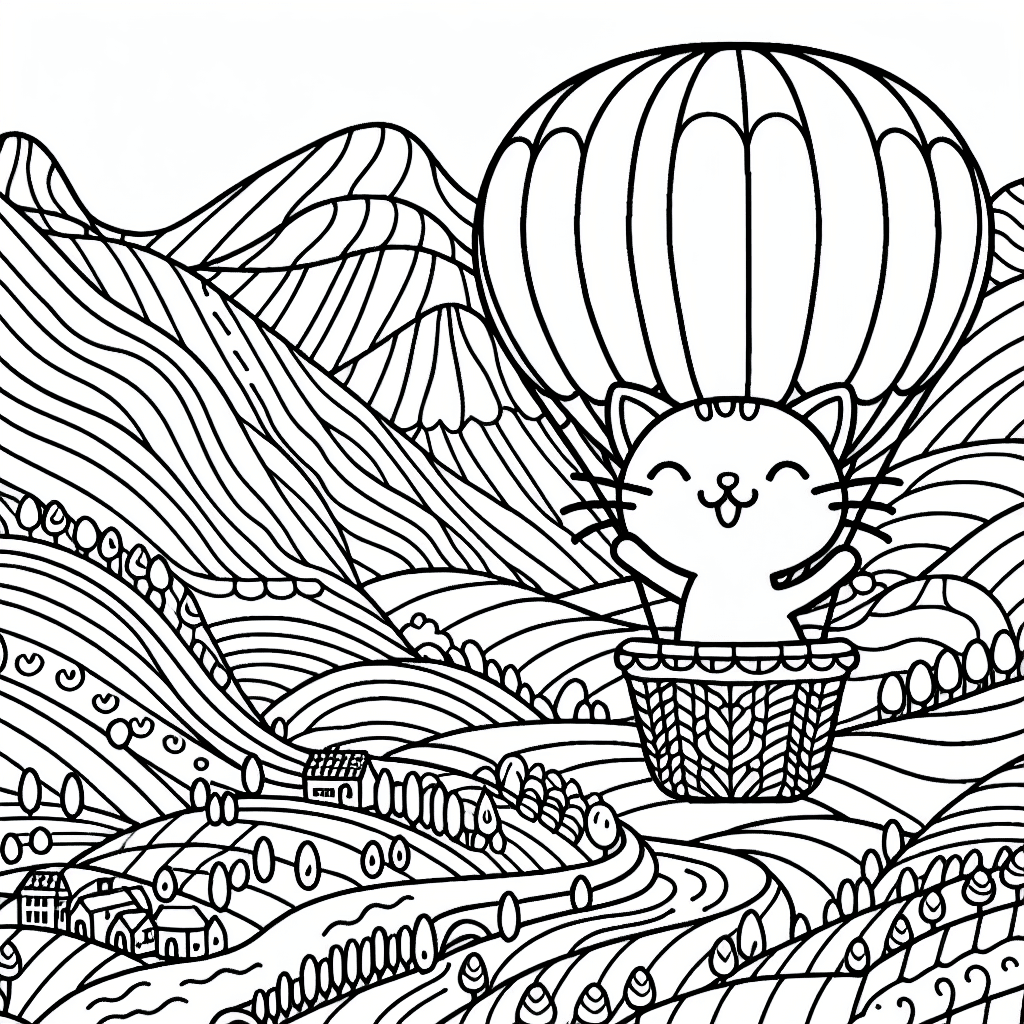 Joyful line drawing of a cartoon cat floating in a hot air balloon above a scenic landscape with rolling hills, winding rivers, and tiny villages, perfect for a coloring project.