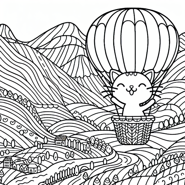 Joyful line drawing of a cartoon cat floating in a hot air balloon above a scenic landscape with rolling hills, winding rivers, and tiny villages, perfect for a coloring project.