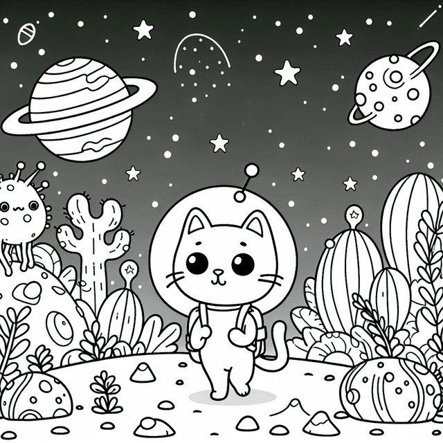 Cartoon-style cat exploring a vibrant alien planet filled with quirky extraterrestrial creatures and unusual plants, with a backdrop of distant stars in an exotic sky, perfect for coloring.