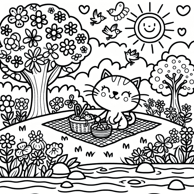 Cheerful cartoon cat having a picnic in a sunny park filled with colorful blooming flowers, playful birds in the sky and trees, and a gently flowing stream reflecting sunlight, perfect for coloring activities.