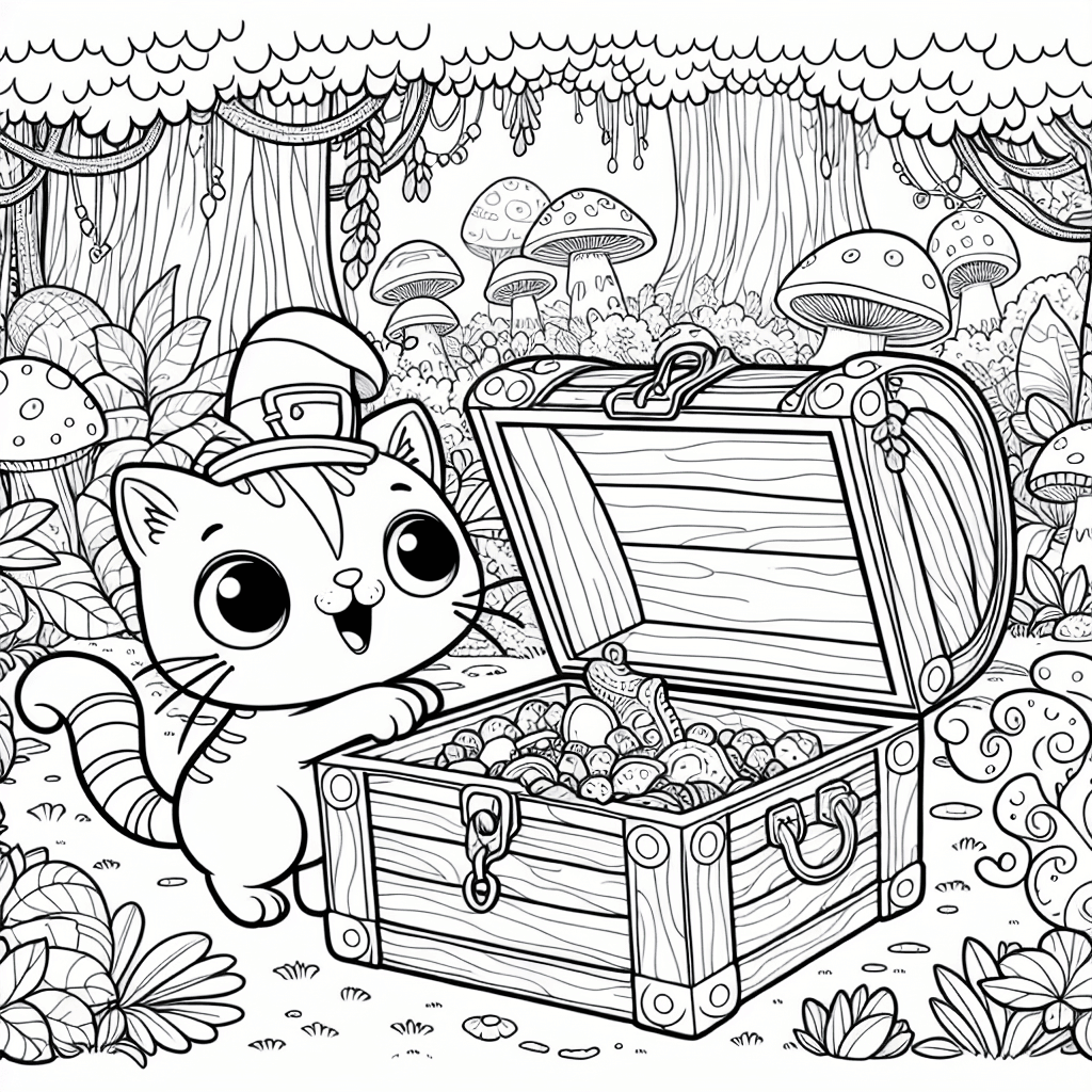 Cheerful cartoon-style cat exploring an open treasure chest in a whimsical forest, surrounded by unusual plants, large mushrooms, and oversized flowers, featuring large expressive eyes and a playful demeanor, designed for coloring with distinct areas and fun elements.