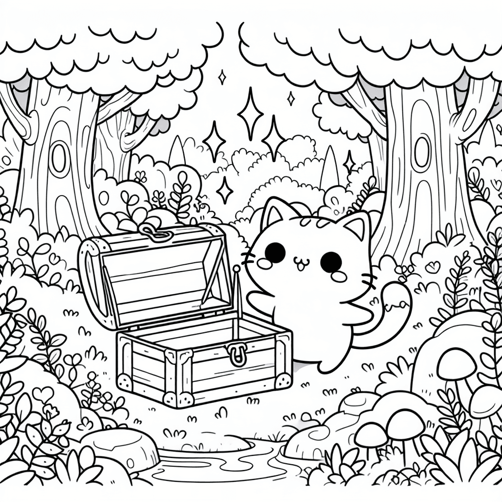 Whimsical cartoon-style line drawing of an adorable cat exploring a treasure chest in a vibrant forest, surrounded by lush trees, towering mushrooms, and a sparkling brook, featuring clear details and ample white space for coloring enjoyment.