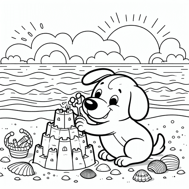 Whimsical line drawing of a cartoon-style dog joyfully building a sandcastle on a sunny beach, surrounded by gentle ocean waves and scattered seashells, perfect for a coloring page.