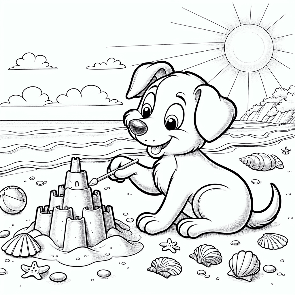 Cartoon dog building a sandcastle on a sunny beach, with a cheerful expression, wagging tail, and floppy ears. Seashells and a beach ball surround the scene, capturing a playful atmosphere. Ideal for coloring, featuring sharp, detailed line work.