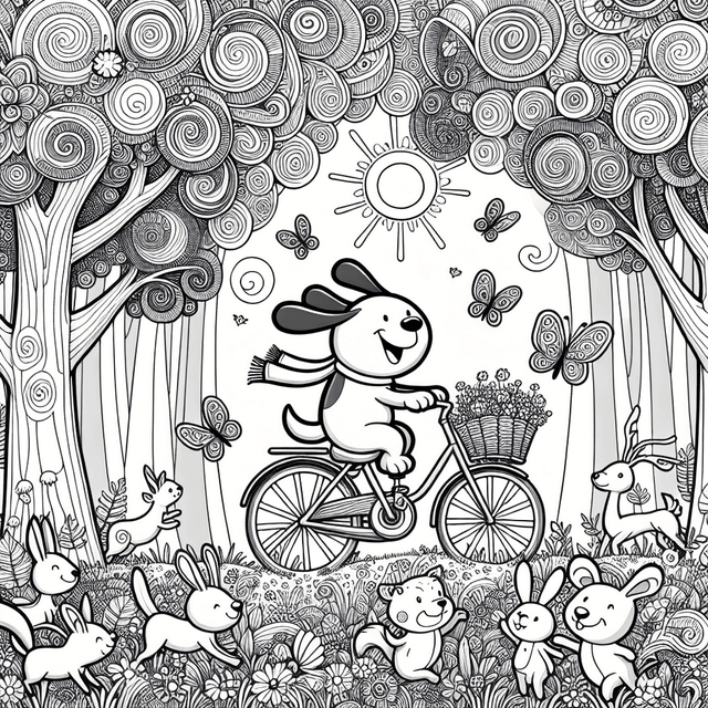 Whimsical line drawing of a cartoon dog pedaling a bike through a vibrant forest, surrounded by playful woodland creatures like squirrels, rabbits, and deer, with butterflies above, perfect for coloring pages.