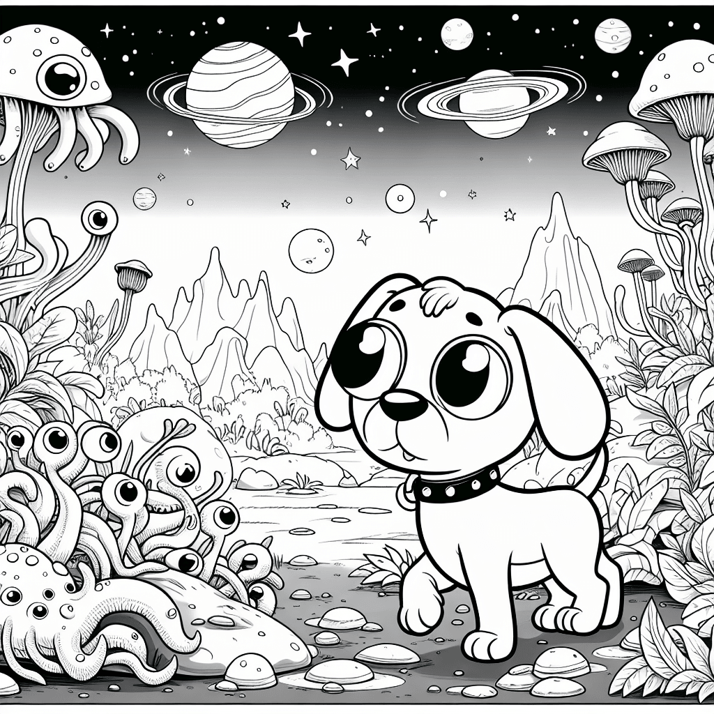 Cartoon dog exploring colorful alien planet, surrounded by unique alien creatures and unusual plants, with twinkling stars in the background. Black and white line drawing suitable for coloring and imagination.