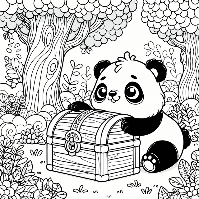 Cartoon-style line drawing of a curious panda exploring a treasure chest in a whimsical forest filled with diverse trees, vibrant flowers, and fantasy elements, designed for coloring with clear outlines.