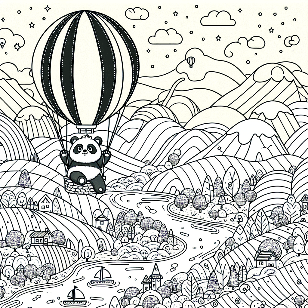 Cartoon panda in hot air balloon over rolling hills and rivers, whimsical landscape with villages, coloring book style illustration.