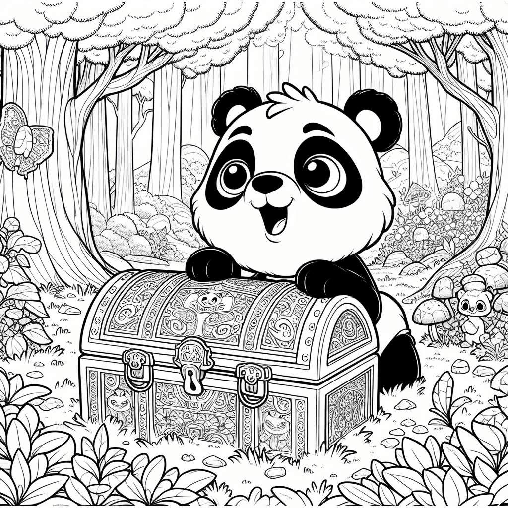 Cartoon-style line drawing of an adorable panda with black eye patches, curiously exploring a decorated ancient treasure chest in a magical forest filled with tall trees, vibrant flowers, and lively wildlife, designed for coloring with precise outlines and minimal details.