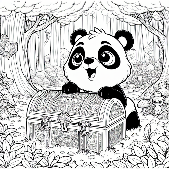 Cartoon-style line drawing of an adorable panda with black eye patches, curiously exploring a decorated ancient treasure chest in a magical forest filled with tall trees, vibrant flowers, and lively wildlife, designed for coloring with precise outlines and minimal details.