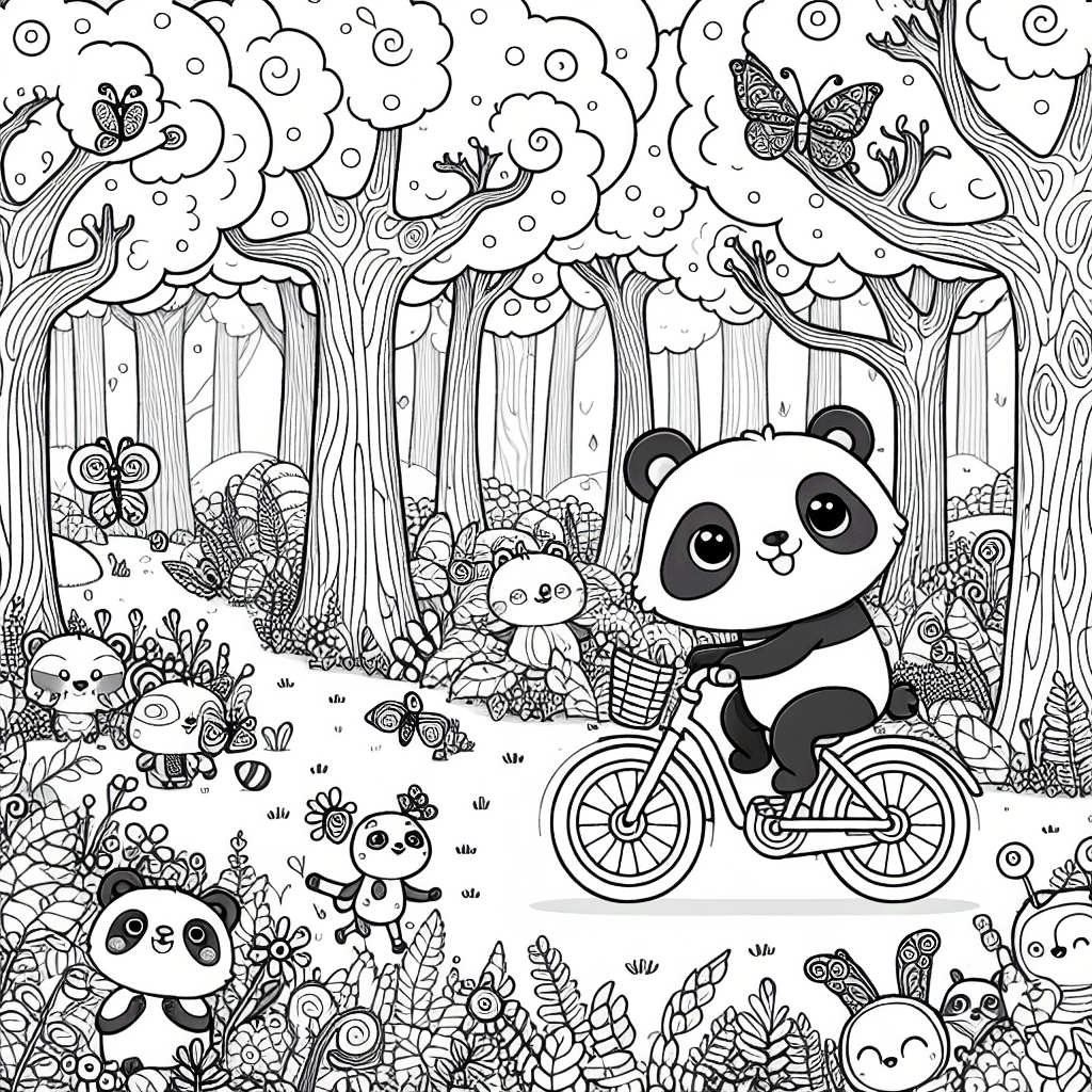 Whimsical line drawing of a cartoon panda riding a bike through a vibrant forest with tall, twisting trees, playful woodland creatures, and colorful fluttering butterflies, perfect for coloring.