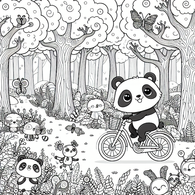 Whimsical line drawing of a cartoon panda riding a bike through a vibrant forest with tall, twisting trees, playful woodland creatures, and colorful fluttering butterflies, perfect for coloring.