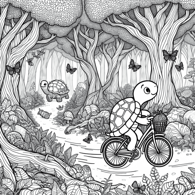 Cartoon turtle enjoying a whimsical bicycle ride through a vibrant forest filled with tall trees, playful woodland animals, and fluttering butterflies, perfect for coloring.