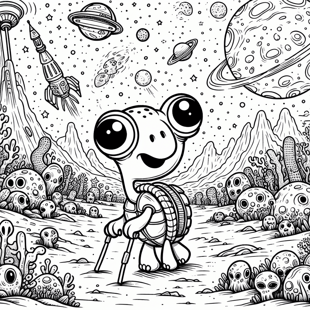 Cartoon-style turtle exploring an alien planet with quirky alien creatures, unusual vegetation, and a cosmic sky filled with stars and celestial bodies. Perfect for coloring!