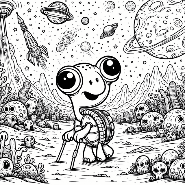 Cartoon-style turtle exploring an alien planet with quirky alien creatures, unusual vegetation, and a cosmic sky filled with stars and celestial bodies. Perfect for coloring!