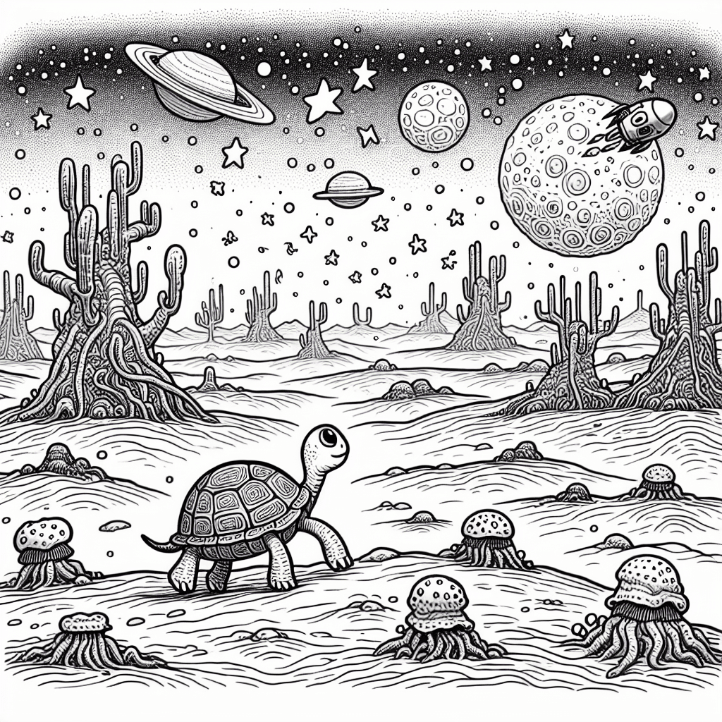 Cartoon-style line drawing of a curious turtle exploring the surface of an alien planet, surrounded by unique alien life forms and peculiar vegetation, under a star-filled sky with galaxies. Suitable for coloring.