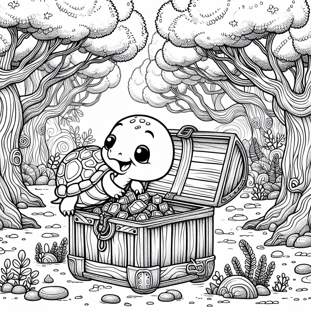 Cheerful cartoon turtle exploring a grand treasure chest in a whimsical forest, featuring knotted trees, fanciful leaves, textured ground with grass and pebbles, and an ornate chest filled with sparkling jewels and gold coins. Ideal for coloring and stimulating creativity.