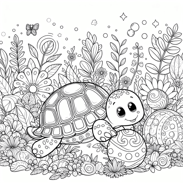 Line drawing of a cute, simple-style turtle with a semi-circular shell playfully interacting with a spherical ball in a vibrant, imaginative garden filled with fantasy flowers and unique plants, perfect for coloring activities.