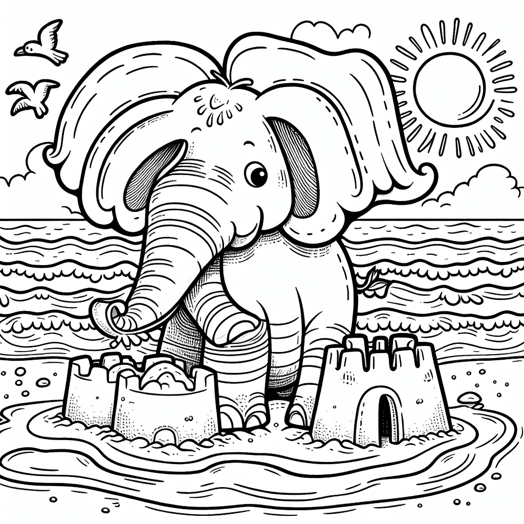 Whimsical cartoon elephant building a sandcastle at the beach with a bright sun, foamy waves, and seagulls flying overhead. Ideal for children's coloring activities with clear outlines and charming illustrations.