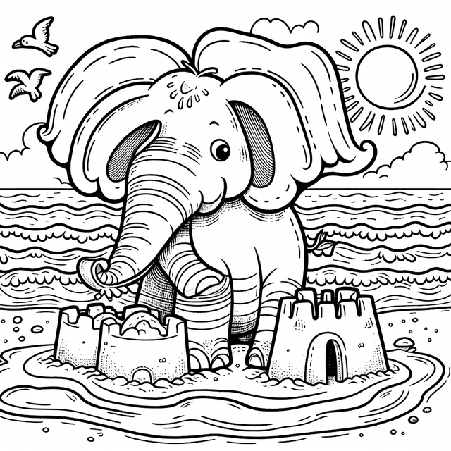 Whimsical cartoon elephant building a sandcastle at the beach with a bright sun, foamy waves, and seagulls flying overhead. Ideal for children's coloring activities with clear outlines and charming illustrations.