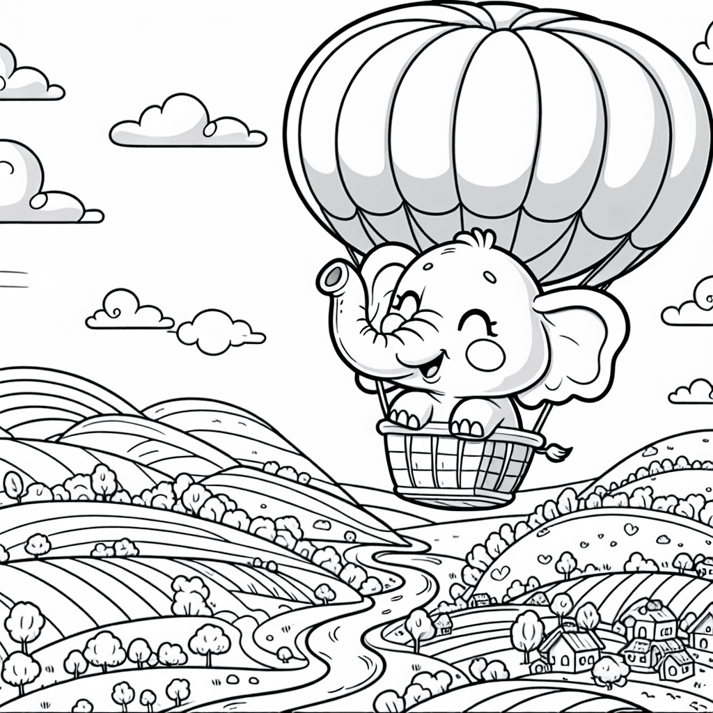 Cheerful cartoon-style elephant floating in a hot air balloon above picturesque landscape with hills, rivers, and villages; detailed line drawing for coloring.