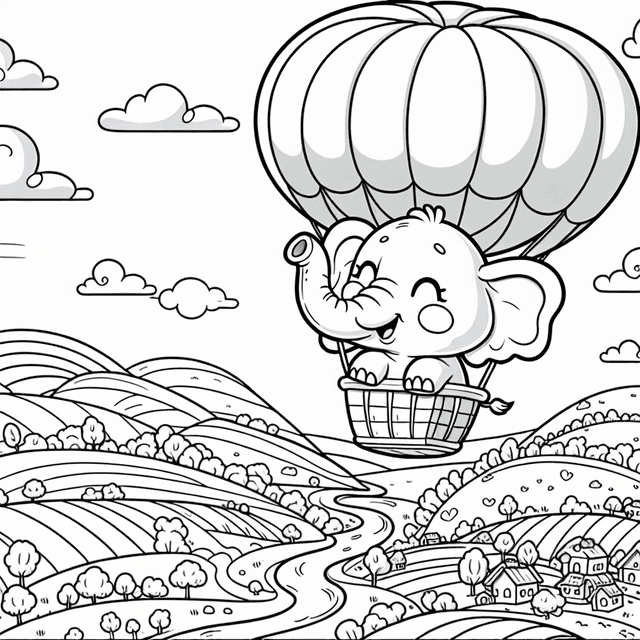 Cheerful cartoon-style elephant floating in a hot air balloon above picturesque landscape with hills, rivers, and villages; detailed line drawing for coloring.