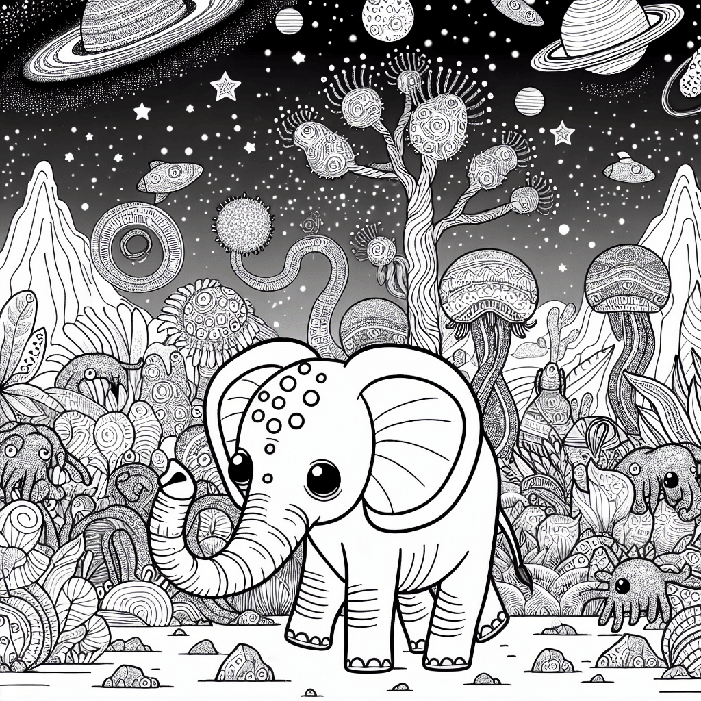 Cartoon-style elephant exploring an alien planet filled with whimsical creatures and exotic plants, showcasing intricate line work for coloring. Night sky filled with unique stars adds to the extraterrestrial atmosphere.