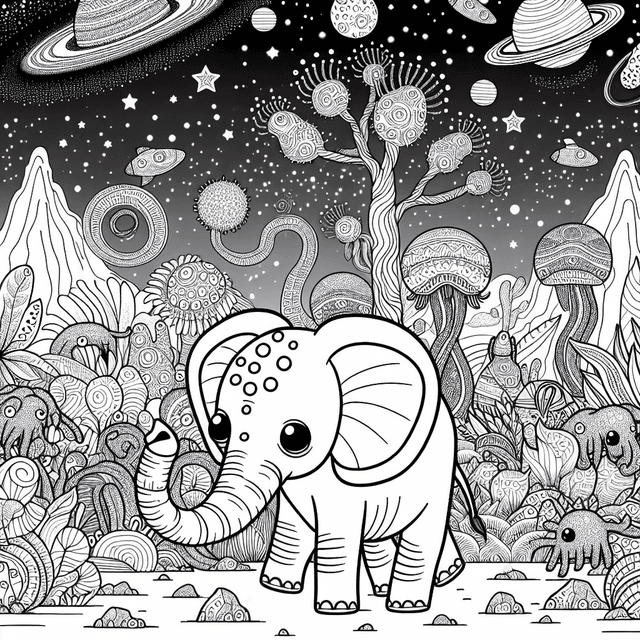 Cartoon-style elephant exploring an alien planet filled with whimsical creatures and exotic plants, showcasing intricate line work for coloring. Night sky filled with unique stars adds to the extraterrestrial atmosphere.