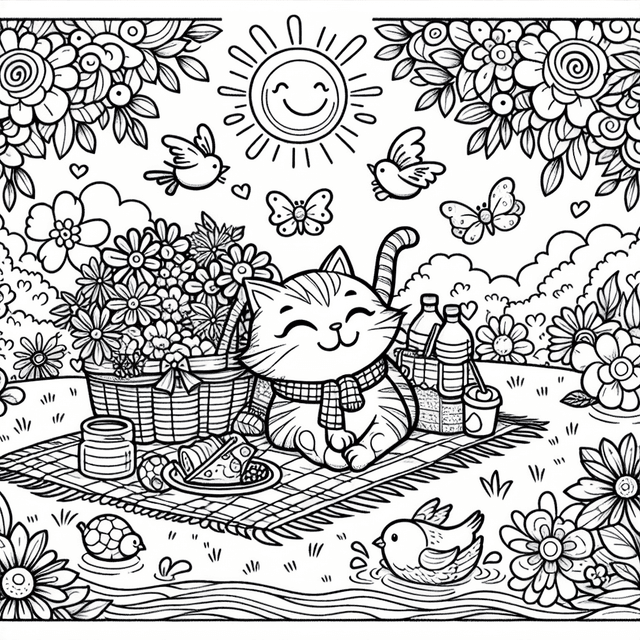 Cheerful line drawing for coloring featuring a cartoon-style cat enjoying a picnic in a vibrant park. Lively birds and blooming flowers surround the cat, while a gentle stream flows nearby, creating a joyful and serene atmosphere.