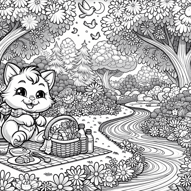 Cartoon-style cat enjoying a festive picnic in a vibrant park, surrounded by blooming flowers, playful birds, and a serene stream, ideal for coloring with clear outlines.