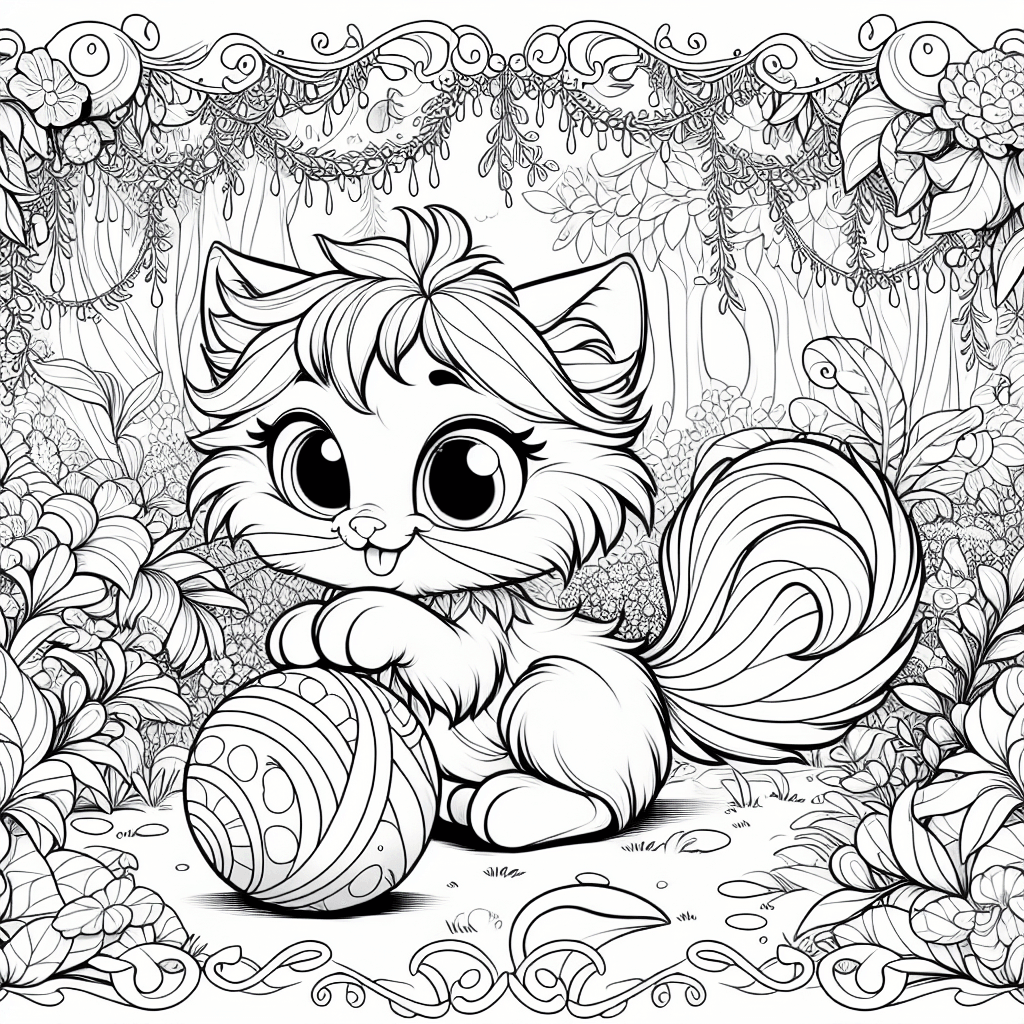 Cartoon-style line drawing of a relaxed cat playing with a ball in a magical garden filled with whimsical flowers, designed for coloring and creativity for all ages.