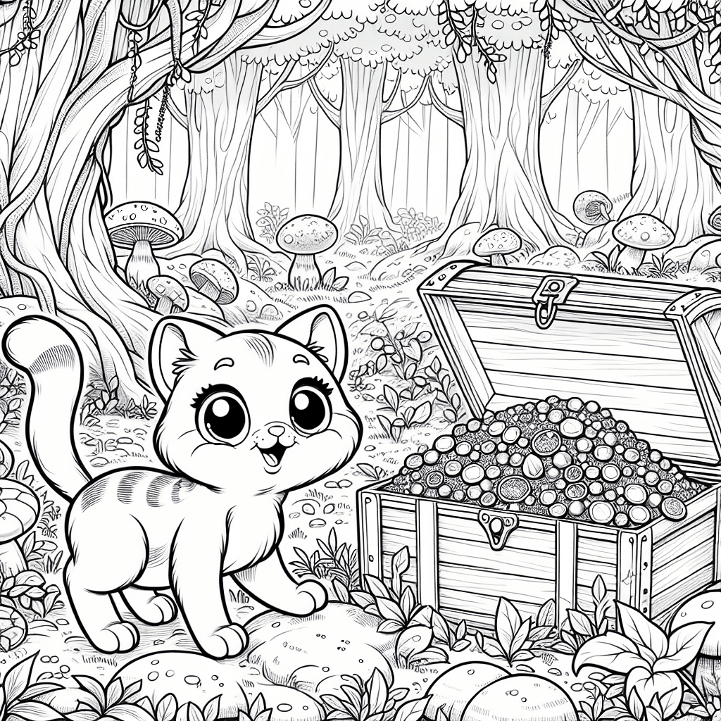 Cheerful cartoon cat exploring a treasure chest overflowing with gems and coins in a whimsical forest with towering trees and mystical mushrooms, intricate line drawing for coloring project.