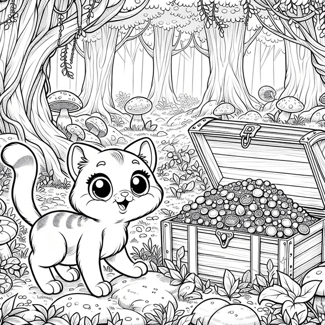 Cheerful cartoon cat exploring a treasure chest overflowing with gems and coins in a whimsical forest with towering trees and mystical mushrooms, intricate line drawing for coloring project.