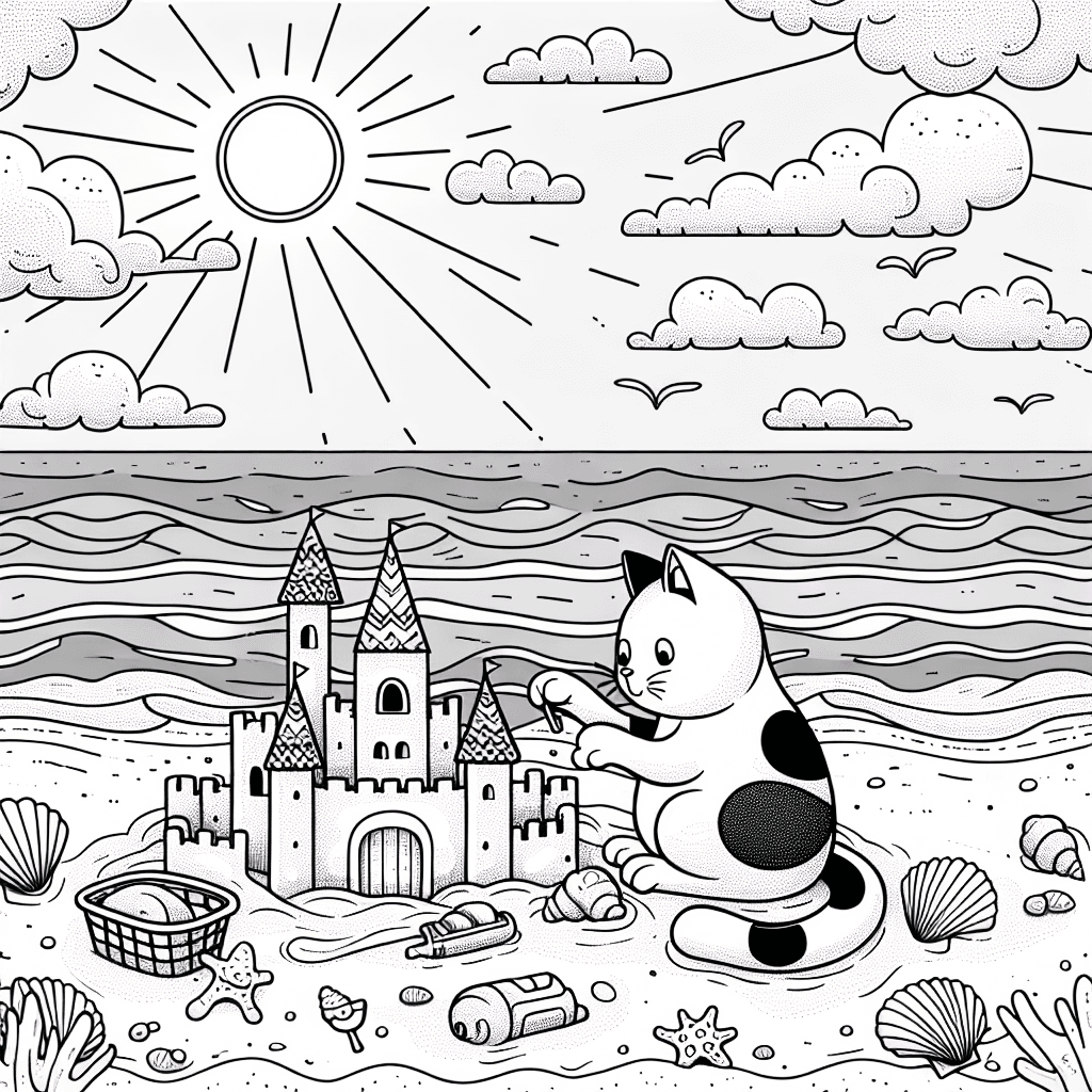 Cartoon cat building a sandcastle on a beach, enjoying a sunny day. Features intricate sandcastle design, beach elements like shells and starfish, and a shimmering sea under fluffy clouds. Perfect for coloring, capturing the playful and carefree spirit of summer.