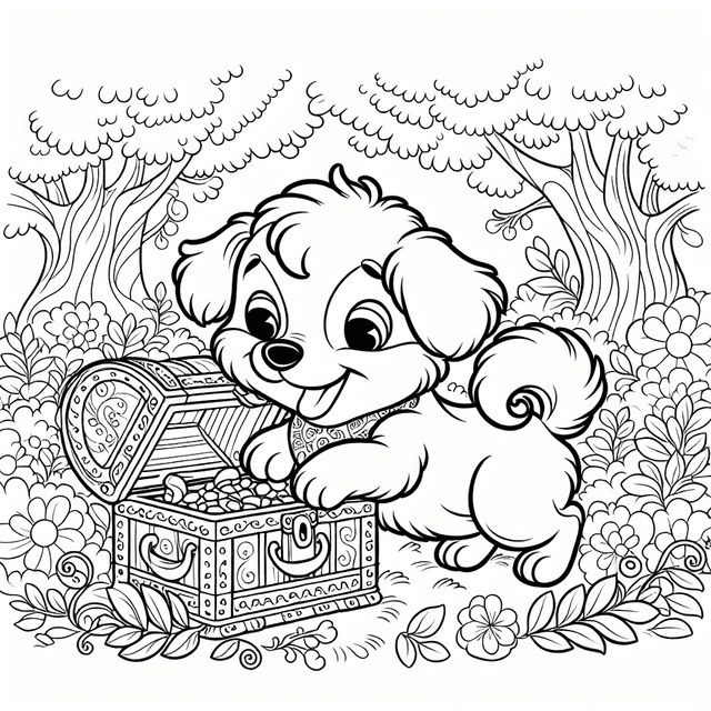 Cartoon-style line drawing of a playful dog exploring a treasure chest in a whimsical forest, featuring detailed surroundings perfect for coloring, capturing the dog's buoyant spirit and the enchanting atmosphere.