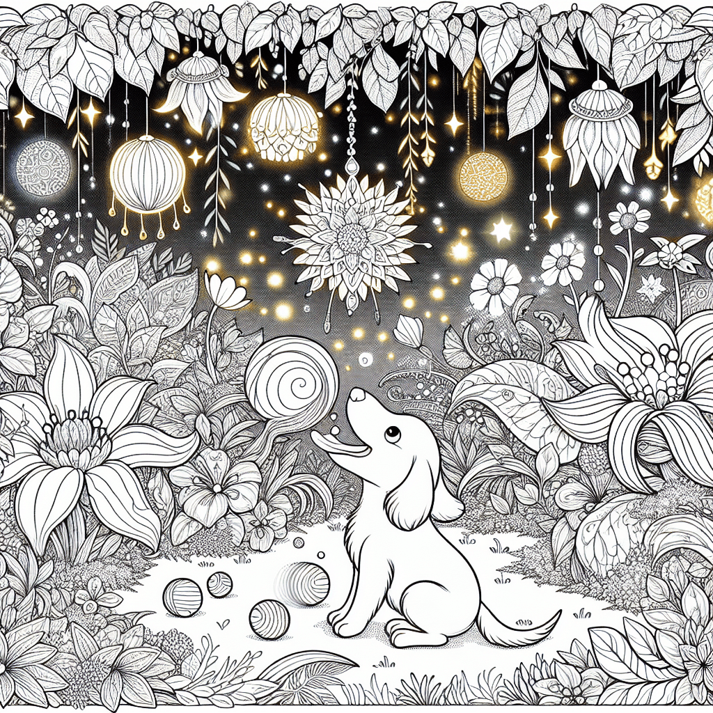 A whimsical line drawing of a magical garden featuring a joyful cartoon dog playing with a ball, surrounded by sparkling glowing flowers and large golden leaves, perfect for coloring enthusiasts.