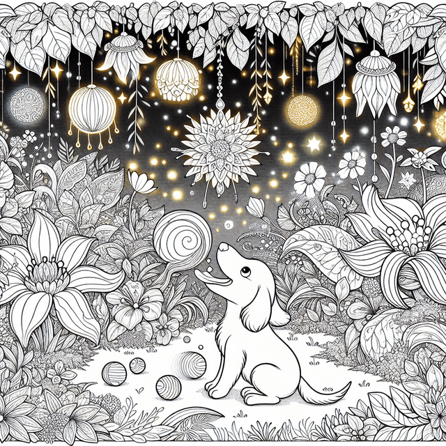 A whimsical line drawing of a magical garden featuring a joyful cartoon dog playing with a ball, surrounded by sparkling glowing flowers and large golden leaves, perfect for coloring enthusiasts.