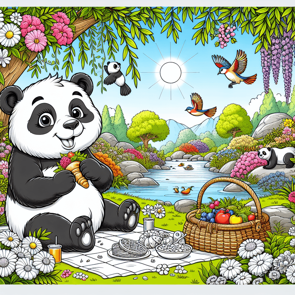 Cartoon-style panda having a picnic in a vibrant sunlit park, surrounded by colorful flowering plants, playful birds, and a gentle stream, detailed line drawing for coloring activities.