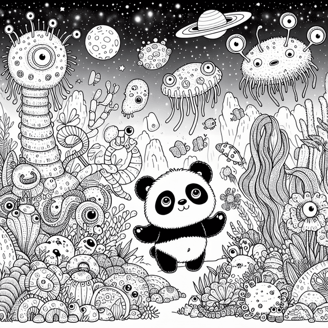 Playful cartoon drawing of a childlike panda on an alien planet, surrounded by whimsical extraterrestrial creatures and unique alien plants, filled with intricate textures and patterns. The starry sky enhances the otherworldly atmosphere, featuring clear outlines for coloring book suitability.