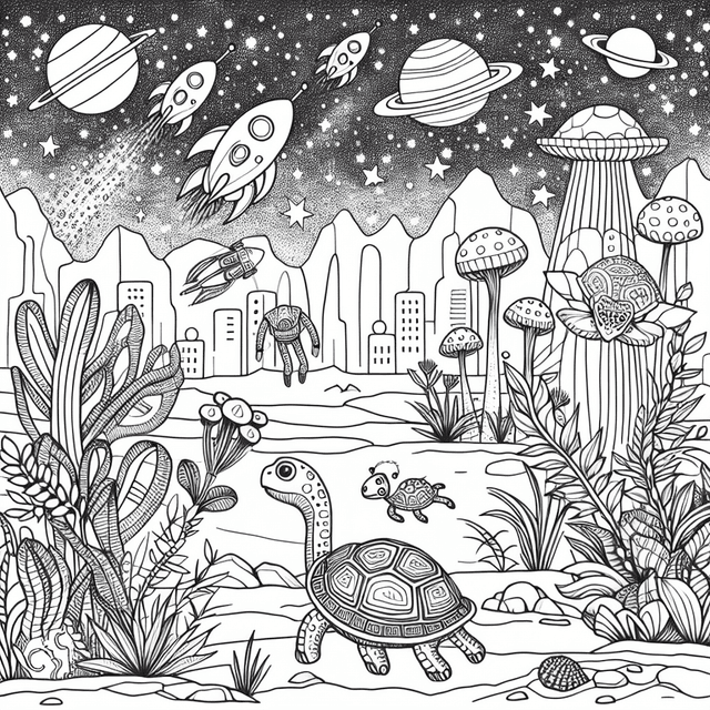 Cartoon-style turtle exploring an alien planet, interacting with quirky extraterrestrial beings and peculiar plants under distant celestial bodies, designed for coloring activities.