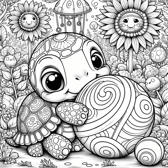 Cute turtle playing with a bouncing ball in a whimsical garden, featuring detailed line-art illustration of expressive eyes, patterned shell, and enchanting plants like sunflowers with faces and carousel mushrooms. Perfect for coloring.