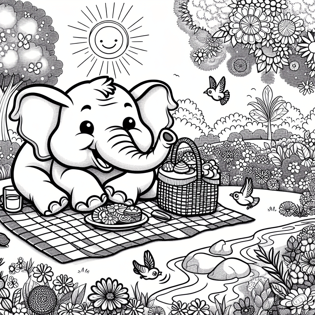 Cartoon-style elephant enjoying a picnic in a vibrant sunlit park filled with colorful flowers, playful birds, and a serene stream; detailed line drawing ideal for coloring with smooth, well-defined edges.