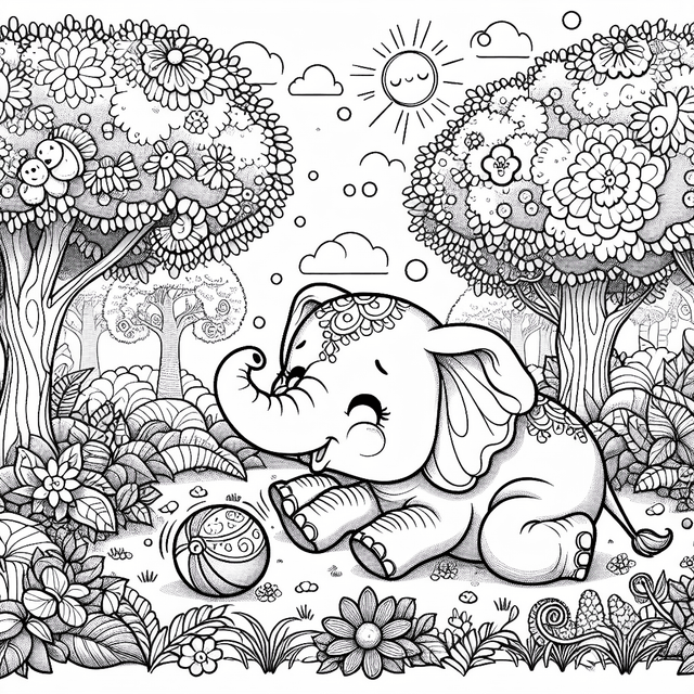 Cartoon-style elephant playing with a ball in a whimsical garden, surrounded by enchanted trees, magical flowers, and lush grass. Full of simplicity, designed for coloring with clear lines and a sun peeking from the corner.