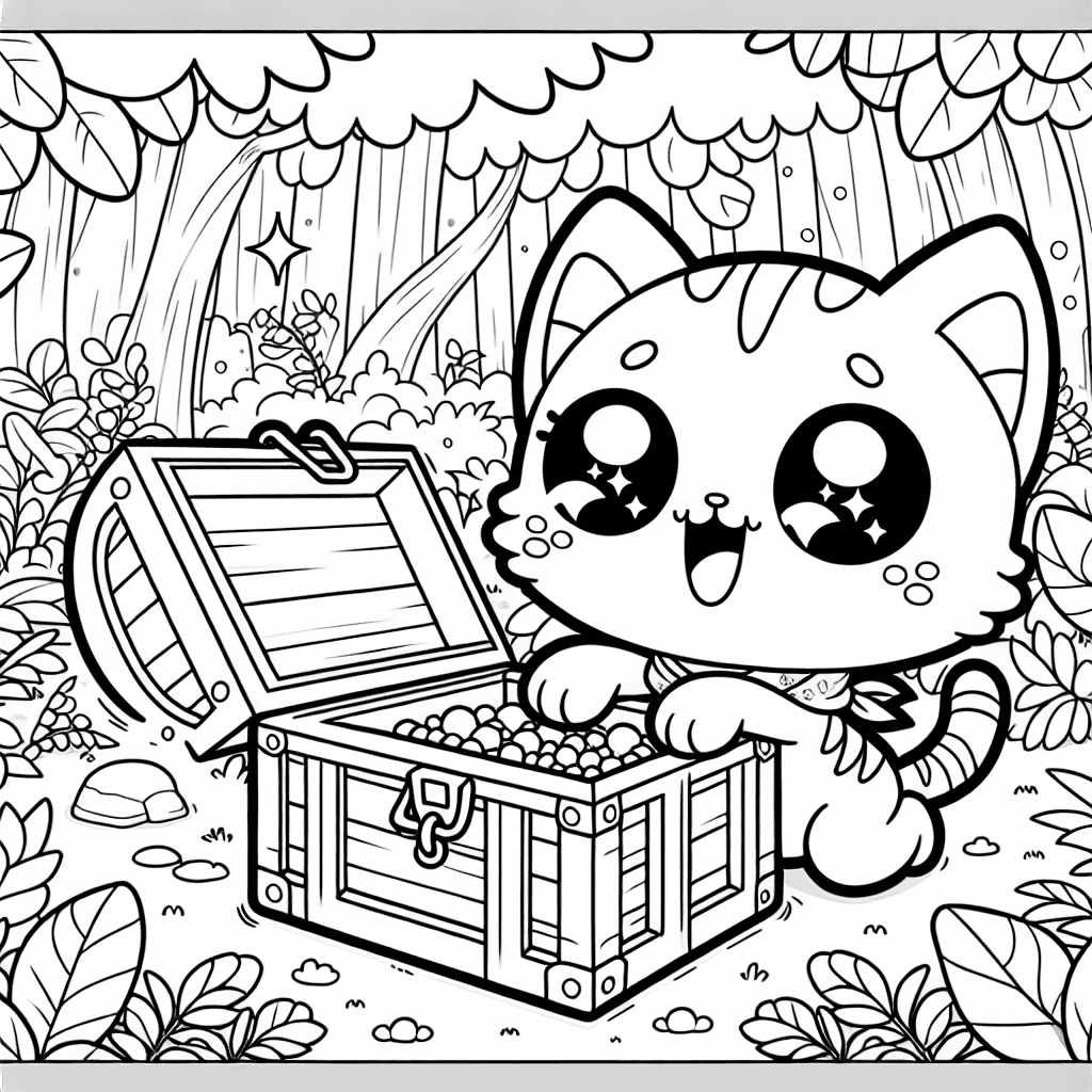 Kawaii cartoon cat exploring a treasure chest in a whimsical forest, featuring clear lines for coloring, exaggerated cuteness, and large eyes.